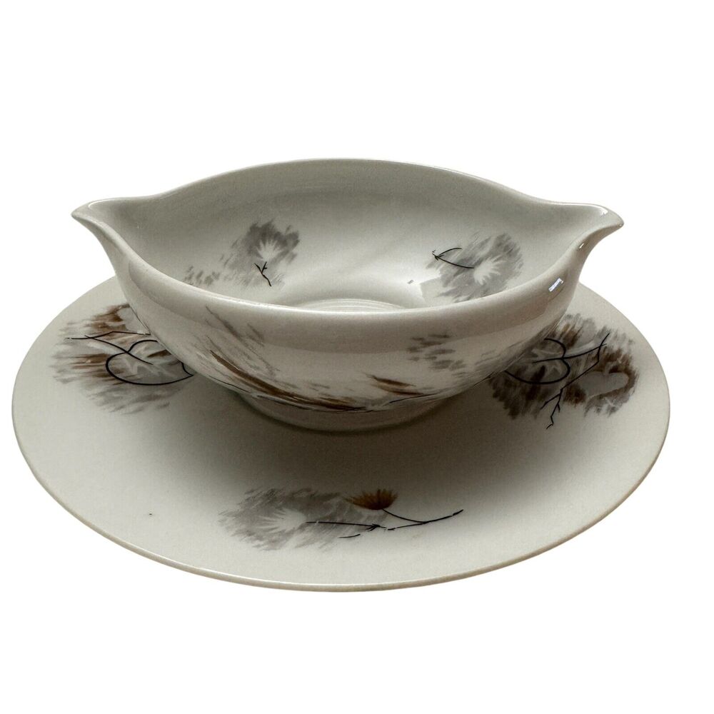 Vintage Raynaud & Co Limoges Gravy Boat with Attached Plate Pattern Windblown